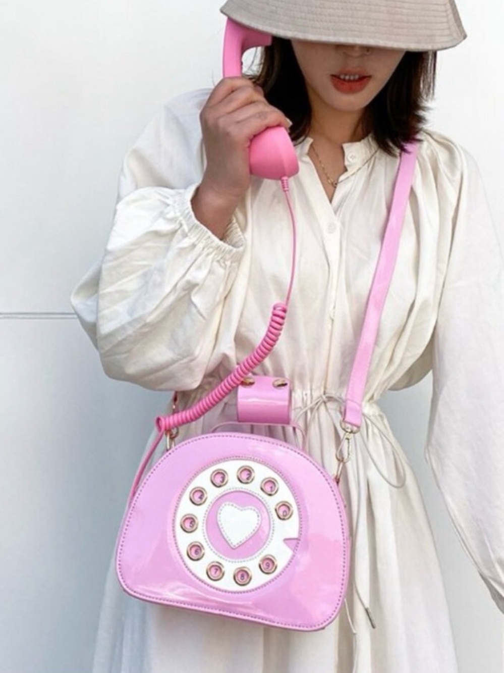 Dolls Kill style Retro Pink Patent Heart Telephone Crossbody Bag